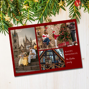 Simple Chic Red Elegant 3 photo Minimal Christmas Holiday Card