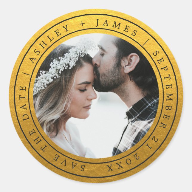 Simple Chic Save the Date Wedding Photo Gold Classic Round Sticker (Front)