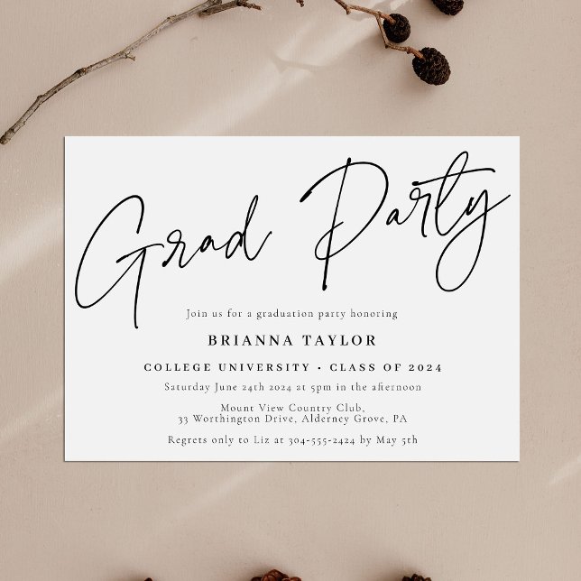 Simple Chic Script Black White Graduation Party Invitation (Creator Uploaded)