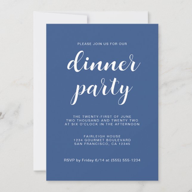 Simple Chic Script Classic Blue Dinner Party Invitation (Front)