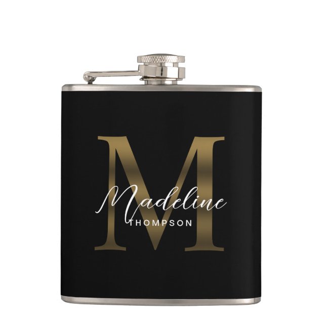 Simple Chic Script Metallic Black Gold Monogram Hip Flask (Front)