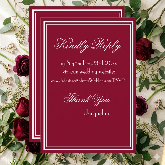 Simple Chic Script RSVP Website Burgundy Wedding Enclosure Card (Just remove the website if you don't need it. Explore more at our Burgundy Red Wedding Collection.)