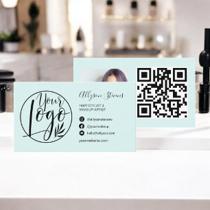 Simple chic teal hair makeup photo logo qr code business card