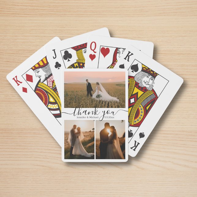 simple chic thank you 3 photos collage wedding playing cards (Creator Uploaded)