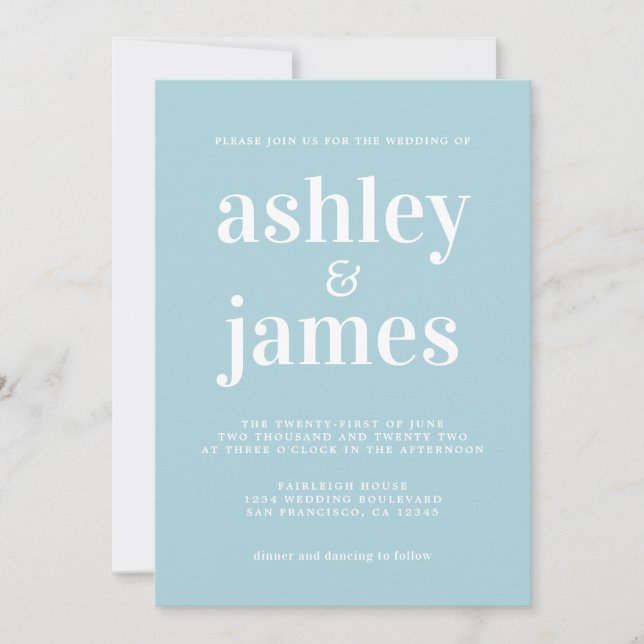 Simple Chic Typography Blue Glow Wedding Invitation (Front)