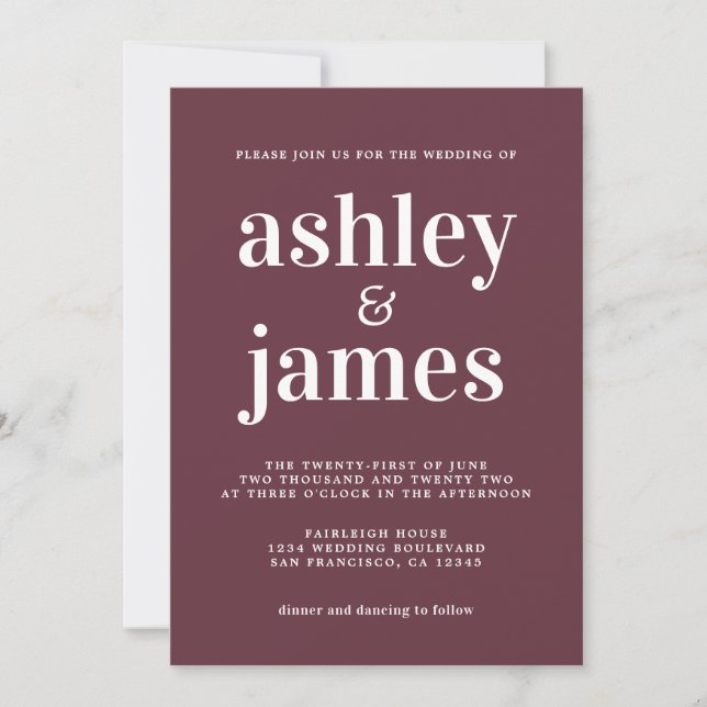 Simple Chic Typography Burgundy Wedding Invitation (Front)
