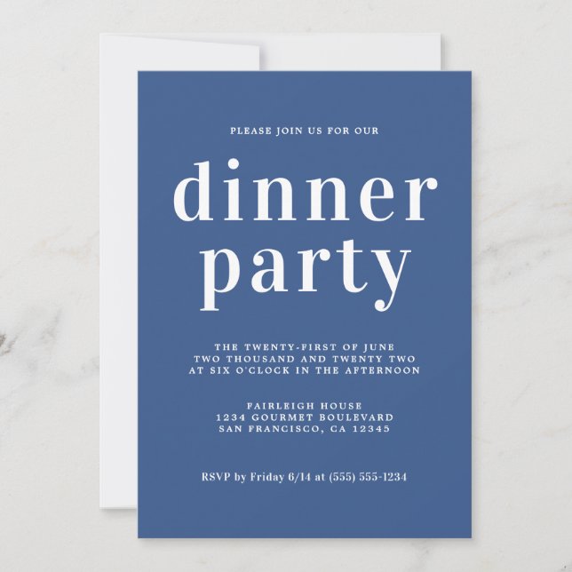 Simple Chic Typography Classic Blue Dinner Party Invitation (Front)
