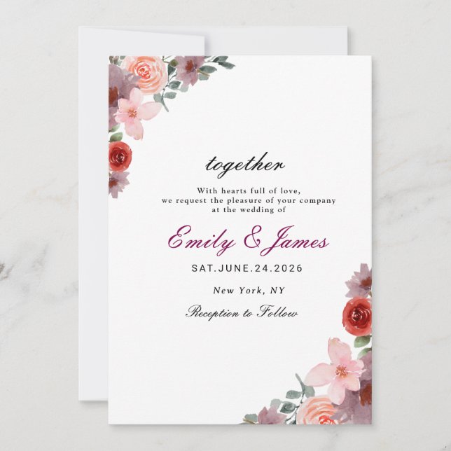 simple chic Watercolor Floral  wedding Invitation (Front)