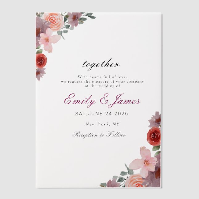 simple CHIC Watercolor Floral  wedding Vellum Invitations (Front)