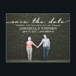 Simple Chic Wedding Save the Date Photo Postcard<br><div class="desc">Elegant typography and simple styling of this photo postcard features your engagement photo, and "Save the Date" info in creamy ivory text on the front. Soft neutral grey/brown colour on the back with space for all the important details; wedding date, website and a personal message. Text at the top of...</div>