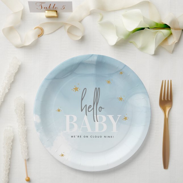 Simple Chic We're on Cloud 9 Hello Baby Shower Paper Plate (Wedding)