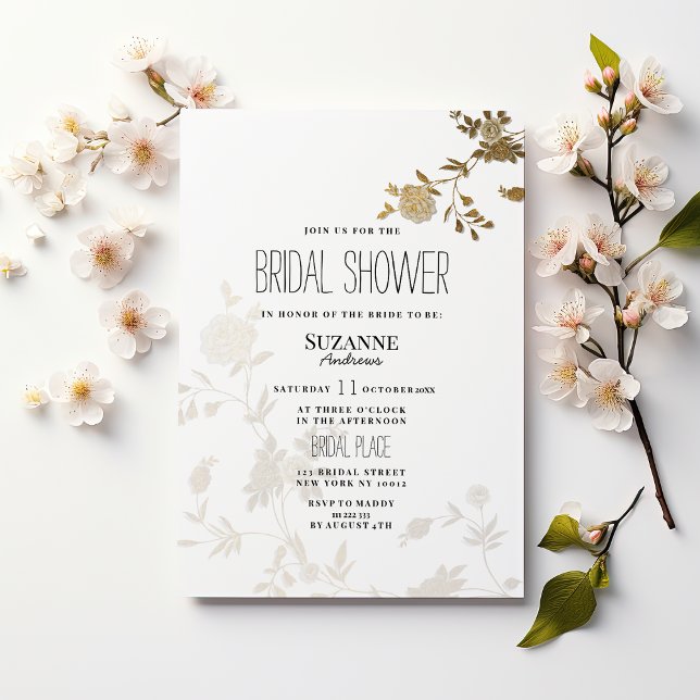 Simple chic white gold glitter flora Bridal Shower Invitation (Simple chic white gold glitter flora Bridal Shower)