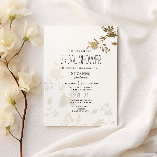 Simple chic white gold glitter flora Bridal Shower Invitation (Simple chic white gold glitter flora Bridal Shower)