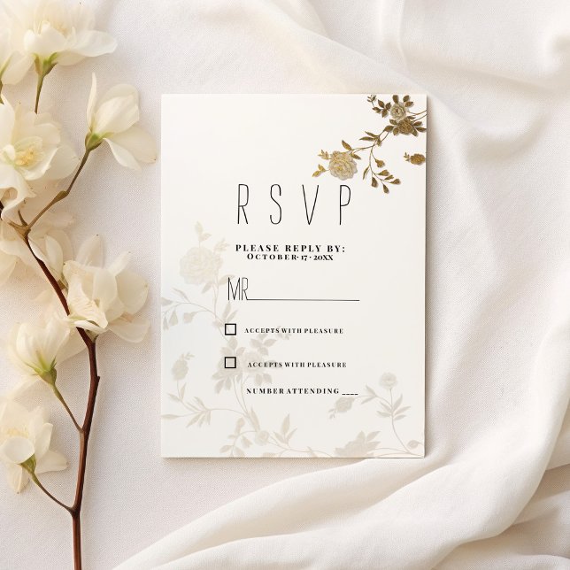 Simple chic white gold glitter floral RSVP Invitation (Simple chic white gold glitter floral RSVP )