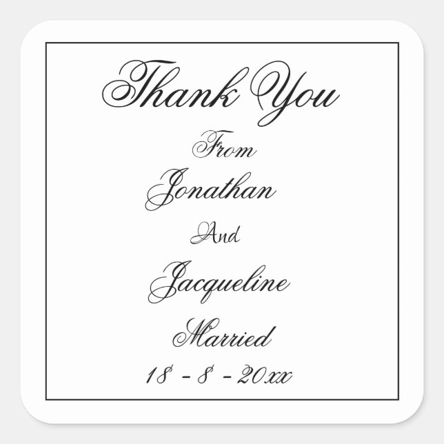 Simple Chic White With Black Script 'Thank You' Square Sticker (Front)