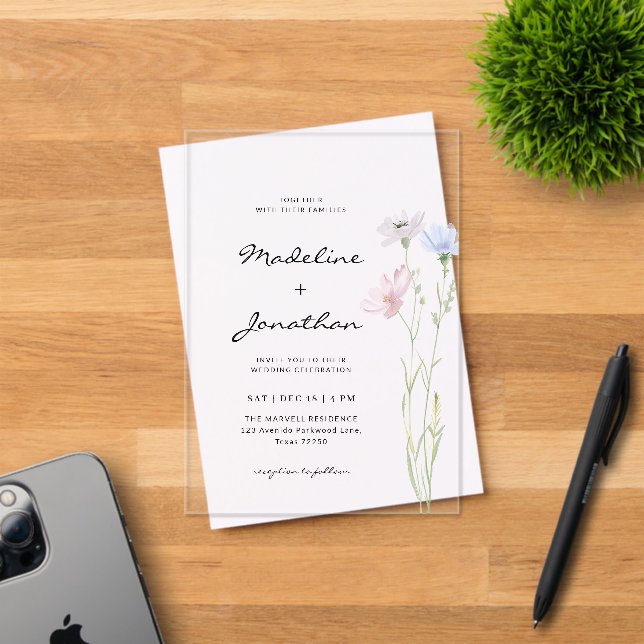 Simple Chic Wildflower Beige Wedding Acrylic Invitations (Insitu (Invitation Card))