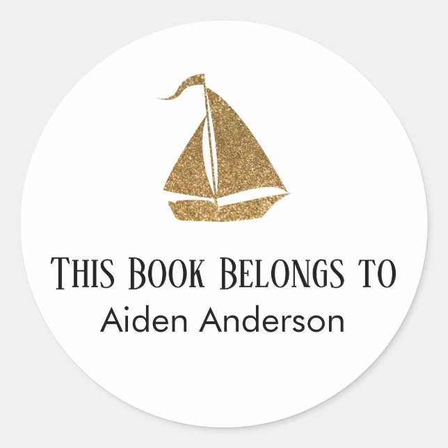 Simple Child Baby Gold Glitter Sailboat Bookplate Classic Round Sticker (Front)