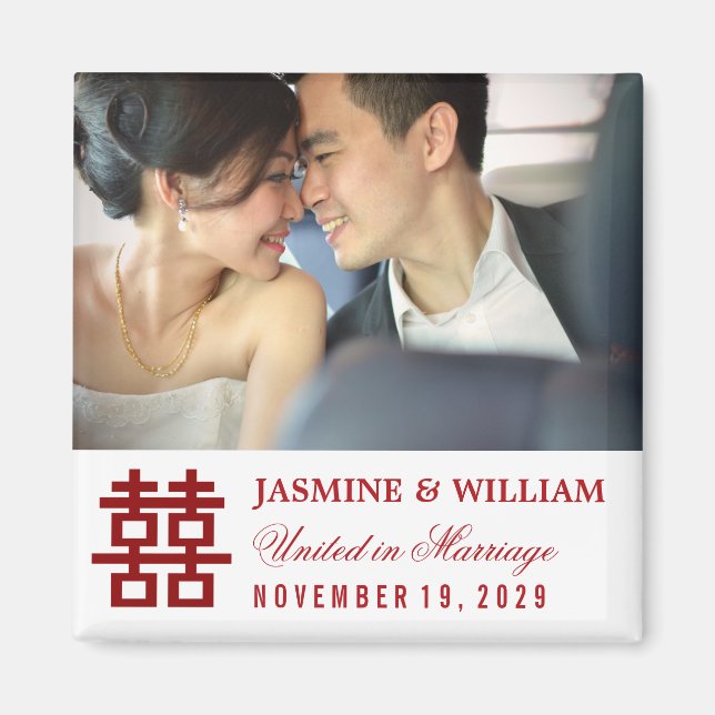 Simple Chinese Red Double Happiness Photo Wedding Magnet (Front)
