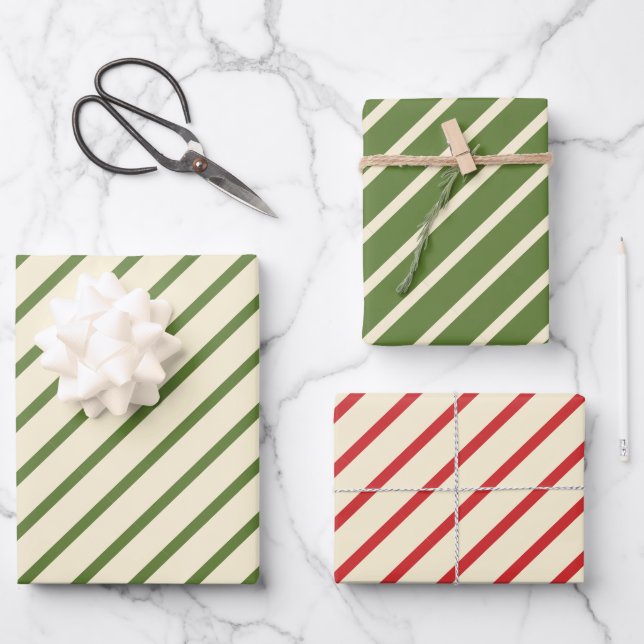 Simple Christmas Diagonal Stripe Olive Green & Red Wrapping Paper Sheet (Front)