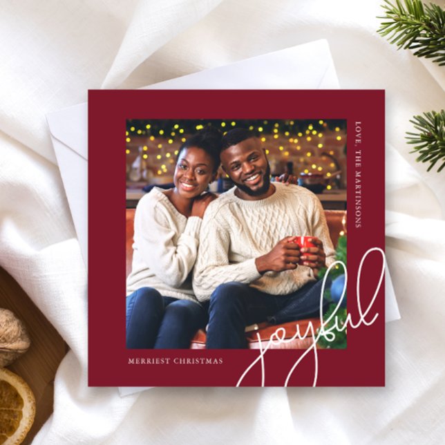 Simple Christmas Dots Burgundy Joyful Script Photo Holiday Card (Creator Uploaded)