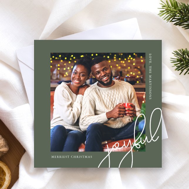 Simple Christmas Dots Green Joyful Script Photo Holiday Card (Creator Uploaded)