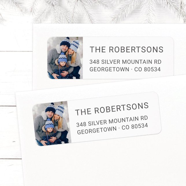 Simple Christmas Family Photo Return Address (Simple, modern Christmas family photo return address label with elegant gray name and address.)