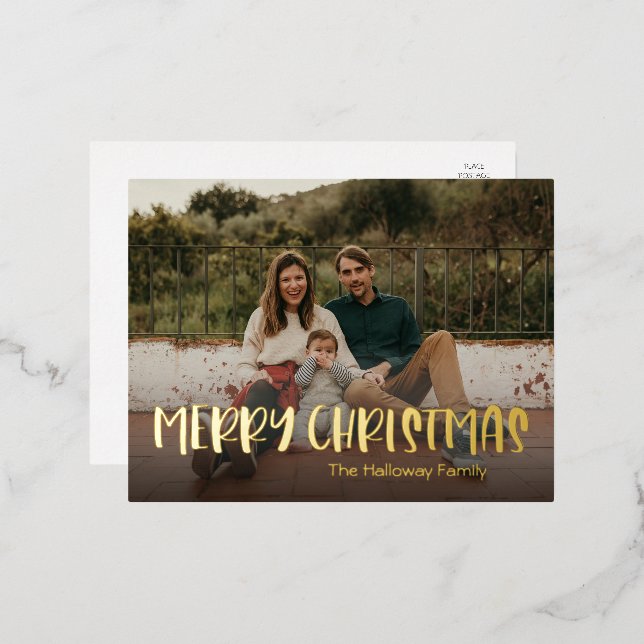 Simple Christmas Full Photo Gold Foil Holiday Postcard (Front/Back)