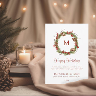 Simple Christmas Greenery Monogram Holiday Card