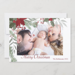 Simple Christmas Holly Botanical Greenery Photo Holiday Card