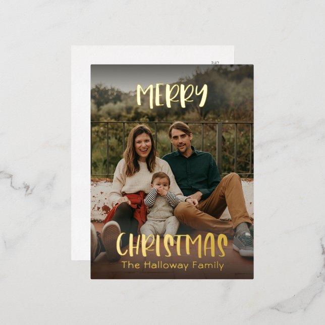 Simple Christmas | Modern Full Photo Gold Foil Holiday Postcard (Front/Back)