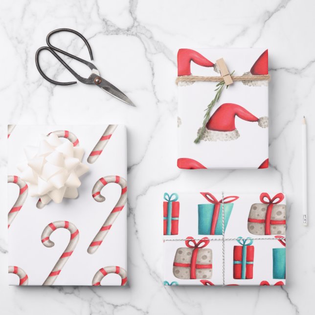 Simple Christmas Pattern Candy Cane Santa Hat Gift Wrapping Paper Sheet (Front)