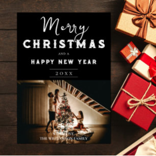 Simple Christmas Photo Black Holiday Card