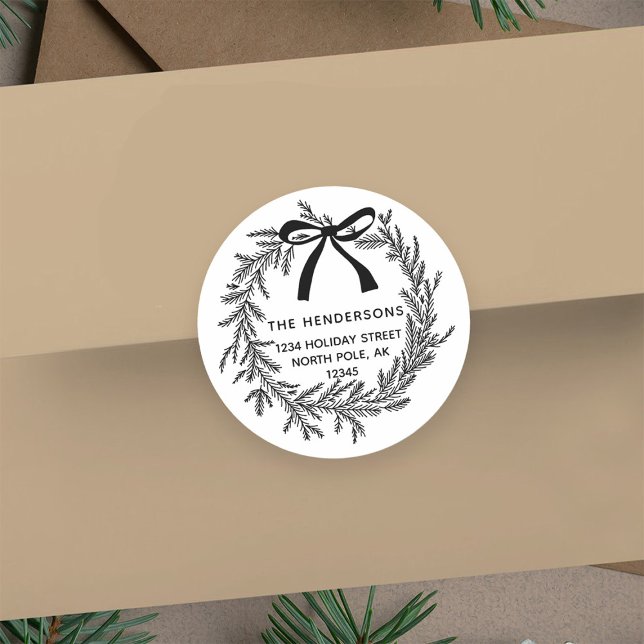 Simple Christmas Pine Wreath Return Address Classic Round Sticker (Creator Uploaded)