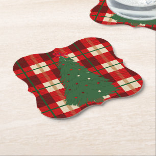 Simple Christmas Plaid Red And Green Pine Tree Paper Coaster