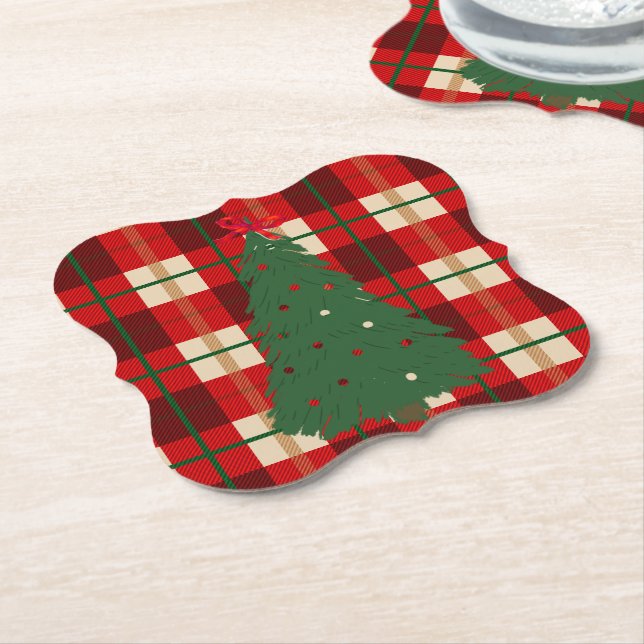 Simple Christmas Plaid Red And Green Pine Tree   Paper Coaster (Angled)