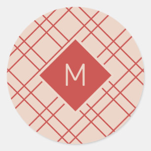 Simple Christmas Red and Cream Monogram Checks Classic Round Sticker