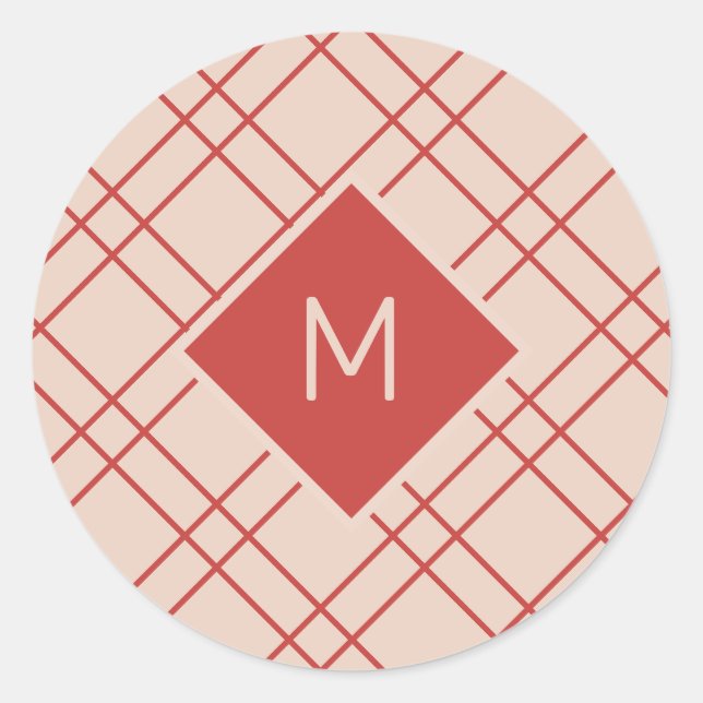 Simple Christmas Red and Cream Monogram Checks Classic Round Sticker (Front)