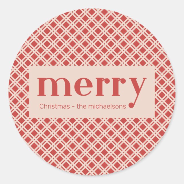 Simple Christmas Red and Cream Plaid Checks Classic Round Sticker (Front)