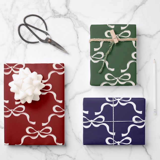 Simple Christmas Red Green Blue Bows Wrapping Paper Sheet (Front)