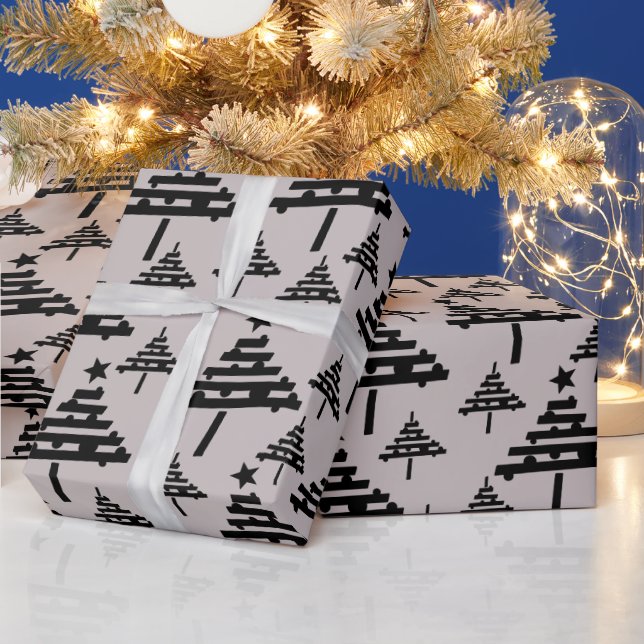 Simple Christmas Tree Pattern Beige Black Holiday Wrapping Paper (Holidays)