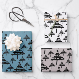 Simple Christmas Tree Pattern Blue Beige Holiday Wrapping Paper Sheet
