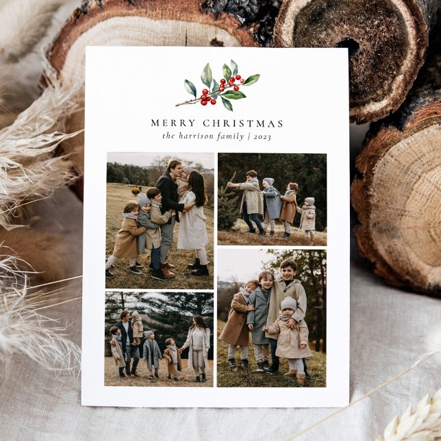 Simple Christmas Watercolor Floral Photo Collage Holiday Card (Creator Uploaded)