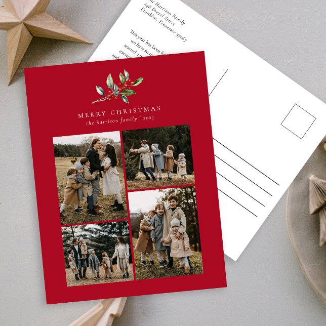 Simple Christmas Watercolor Floral Photo Collage Holiday Postcard (Creator Uploaded)