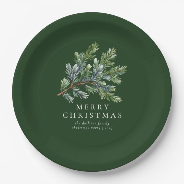 Simple Christmas Watercolor Pine  Paper Plate (Front)