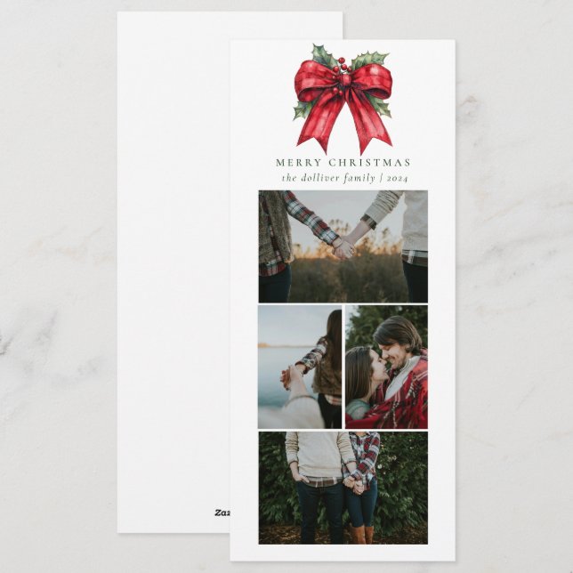 Simple Christmas Watercolor Ribbon Photo Collage Holiday Card (Front/Back)