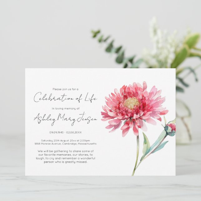 Simple Chrysanthemum Celebration of Life Funeral Invitation (Standing Front)