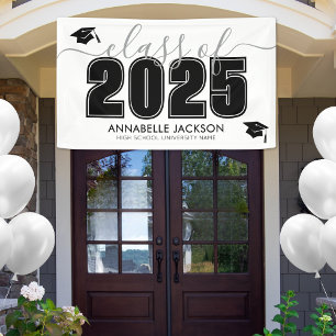 Simple Class Of 2025 Black White Graduation Party Banner