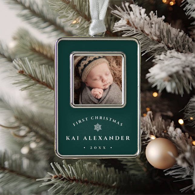 Simple Classic Baby's First Christmas Photo Silver Plated Framed Ornament (Creator Uploaded)