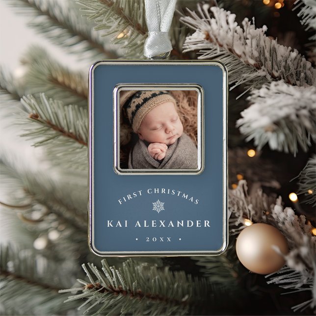 Simple Classic Baby's First Christmas Photo Silver Plated Framed Ornament (Creator Uploaded)