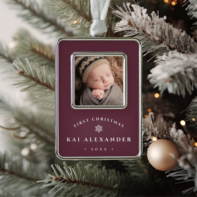 Simple Classic Baby's First Christmas Photo Silver Plated Framed Ornament (Creator Uploaded)